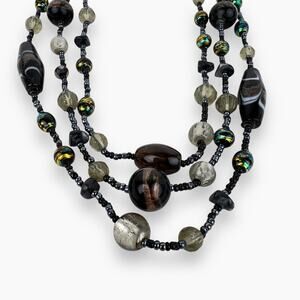 Vintage EsMor Beaded Necklace 3 Strand Brown Silver Copper Blue Sparkle Earthy